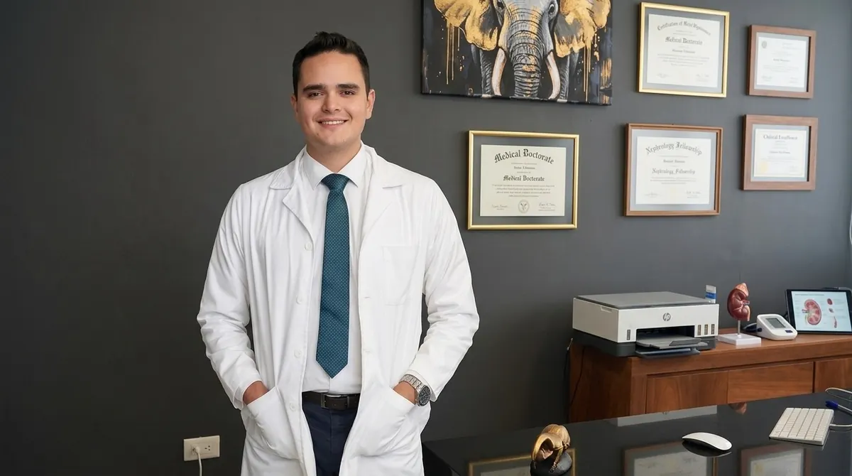 El Dr. Jonathan Mireles, internista y nefrólogo certificado, frente a sus diplomas y certificaciones en su consultorio de Puebla