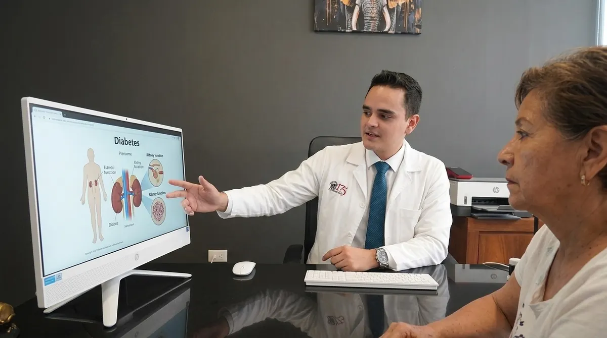 El Dr. Mireles explica a una paciente en Puebla cómo la diabetes afecta la función de sus riñones