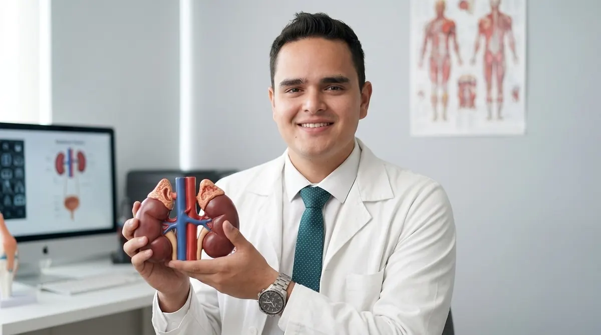 El Dr. Jonathan Mireles, nefrólogo en Puebla, sostiene un modelo anatómico de los riñones en su consultorio de Angelópolis